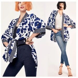 CAbi Botanical Kimono Open Front Tunic Blue White Black Floral M/L Floral Herbal